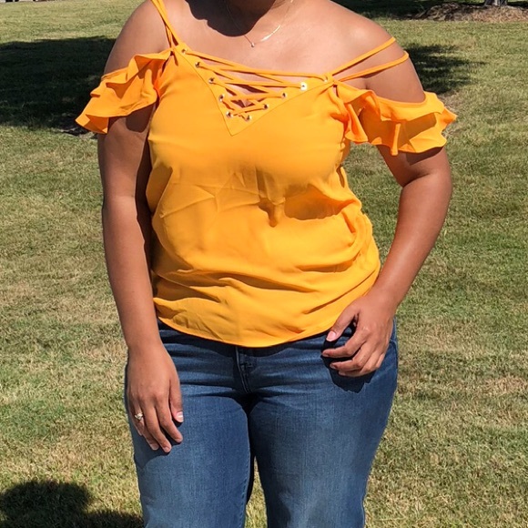 Express Tops - Lace up front off the shoulder ruffle strap top